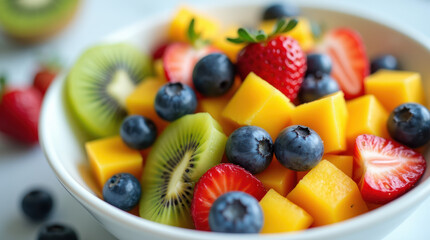 Delicious fruit salad featuring kiwi, mango, blueberries, and strawberries