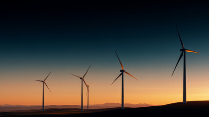 Obraz premium Wind turbines stand tall against stunning sunset, creating serene landscape. silhouettes of turbines contrast beautifully with vibrant sky, evoking sense of tranquility and sustainability