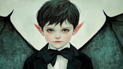 A young boy with pointed ears and dark wings stares intensely at the camera