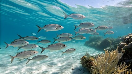 Fototapeta premium School of Fish Swimming in Clear Ocean Water, Underwater School of Fish in Blue Ocean