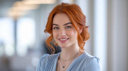 Fototapeta premium Portrait of a young Caucasian woman with vibrant red hair and a warm smile, dressed in a light blue blouse, exuding confidence in a modern office environment.