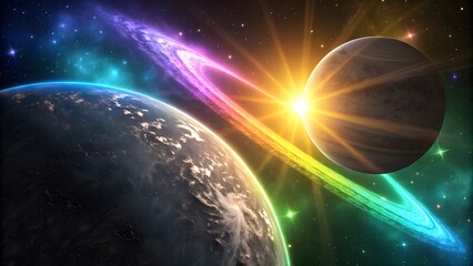 Neon Blazing Star Behind Planet in Neon Colors, Planetary Glow with Neon Star and Colors