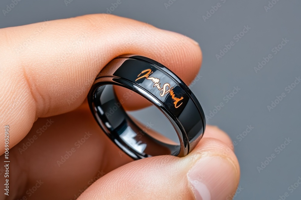 Poster a hand holding a hand-stamped ring with initials, symbolizing a cherished keepsake, set against a mi
