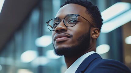 Obraz premium A young African American businessman in a suit and glasses looks thoughtfully into the distance.