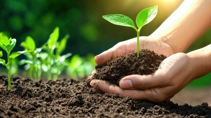 Hands Holding Fertile Soil with Plant Seedling