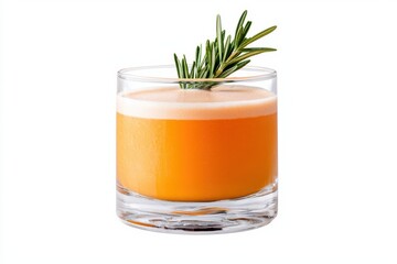 A refreshing orange cocktail garnished with a sprig of rosemary, served in a clear glass, showcasing a vibrant color and creamy froth.