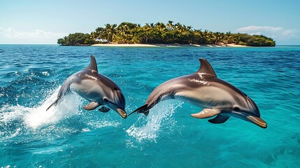 Obraz premium Two dolphins leap from the turquoise water, a tropical island in the background.