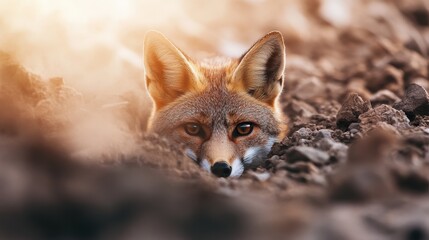 Fototapeta premium A curious fox peeks through rocky terrain, its eyes sharp and alert. The soft lighting highlights its vibrant fur and brings warmth to the scene.
