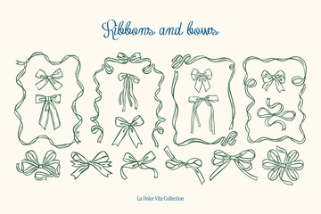 Minimalist hand drawn ribbons and bows vector illustration collection. Art for greeting cards, wedding invitations, poster design, postcards, branding, logo design, background. Matisse style doodles.