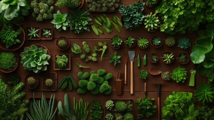 Fototapeta premium A diverse collection of green succulents and gardening tools arranged on a wooden surface, showcasing nature's beauty and gardening passion.