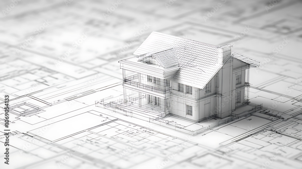 Poster abstract architecture background blueprint house plan and wire frame model of building