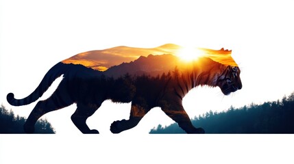 A double exposure of a walking tiger with a sunset landscape silhouette, creating a blend of nature and wildlife in a vivid artistic expression.