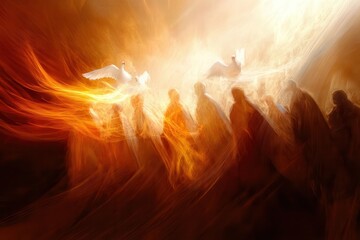 Apostles in Upper Room during Pentecost: soft light rays descending, flames over heads, abstract wind, serene expressions, symbolic doves