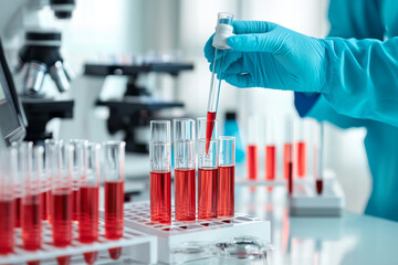 In modern laboratory, gloved hand carefully adds red liquid to test tubes, showcasing precision and focus required in scientific research. vibrant colors and equipment highlight importance of experime