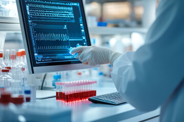 Laboratory technician analyzing blood samples on computer screen, showcasing data and results. environment is modern and well equipped, emphasizing precision and scientific research