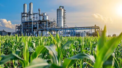 corn field with an ethanol plant