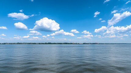 Obraz premium A serene view of a river under a bright blue sky with fluffy cloud and gentle ripples on the water.