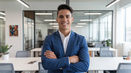 A confident young Hispanic man dressed in a blue blazer stands with crossed arms, smiling in a modern office setting filled with natural light.