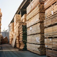 Stacked Lumber at Industrial Lumberyard