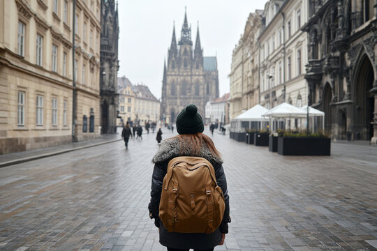 Exploring historic streets of Prague, woman with backpack gazes at stunning architecture of St. Vitus Cathedral. atmosphere is serene and captivating - Powered by Adobe