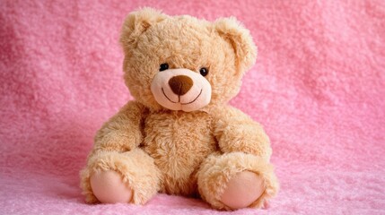 Obraz premium A cuddly brown teddy bear sitting on a pink fuzzy background. The bear's smiling face brings joy and warmth.