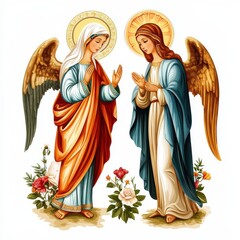 Obraz premium Festival of the Annunciation, Gabriel and Mary depiction with traditional symbols, isolated on white background