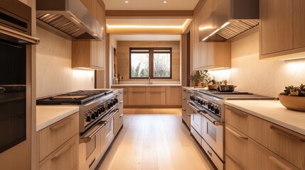Fototapeta premium Modern Kitchen Interior with Double Ovens and Wood Cabinetry