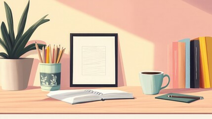 A cozy workspace with a book, pencils, a cup of coffee, and a framed picture.