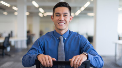 Fototapeta premium A young Asian male professional in a blue shirt and tie smiles confidently in an office setting, showcasing a positive and approachable demeanor.