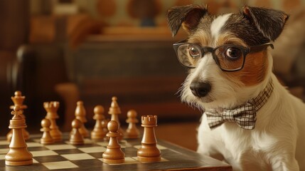 A dog wearing glasses and a bow tie watches intently as the game of chess unfolds in front of him.