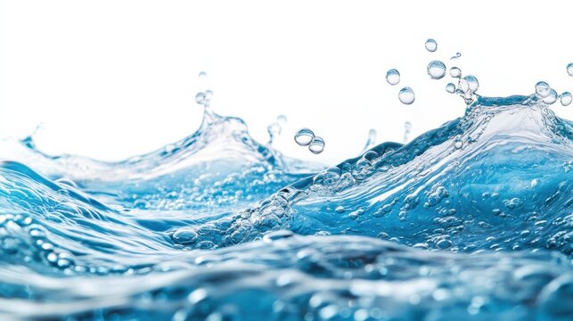 Clean blue water waves splashing and forming bubbles on white background