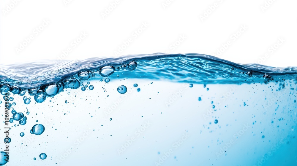 Poster Blue water surface with bubbles creating a refreshing wave on white background