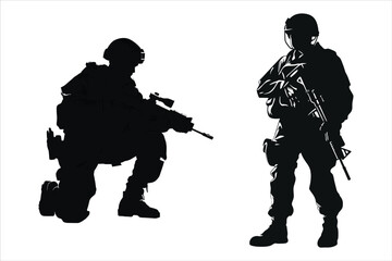 Military Force Soldier With Weapons Silhouette Bundle Set on a White Background