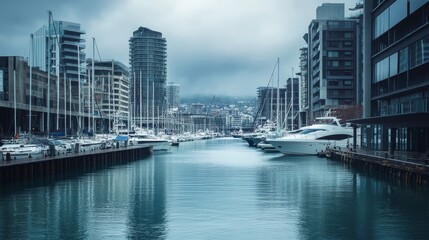 A serene marina scene with yachts and modern building under a cloudy sky.