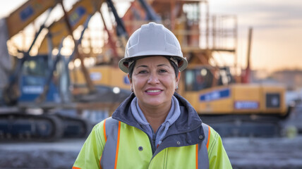 A confident Hispanic woman in a hard hat and safety vest smiles at the construction site, surrounded by machinery and a warm sunset, embodying empowerment in infrastructure.