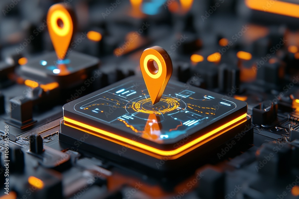 Aufkleber High-tech travel simulation interface with holographic maps and neon destination points, set in a cyberpunk world