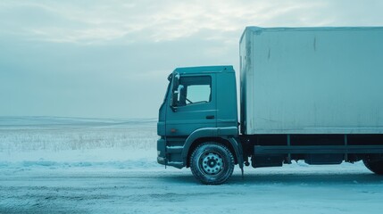 Truck on Snowy Road in Overcast Winter Landscape