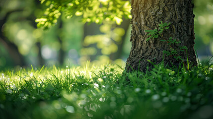 Obraz premium .ChatGPT.In the early morning sunlight, the green grass and towering trees in the backyard create a picturesque scene of growth and earthy beauty.