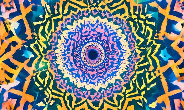 Abstract psychedelic pattern with bright colors in a mandala style.