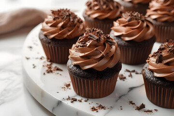 Elegant chocolate cupcakes with rich ganache, chocolate shavings, and cocoa powder on a marble platter