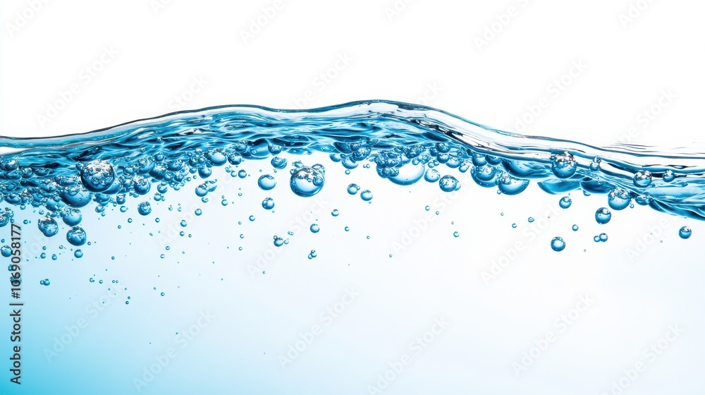 Poster Blue water surface with bubbles creating a refreshing wave on white background