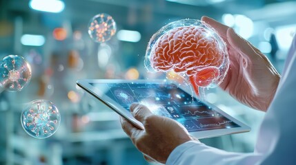 Medical Professional Using Digital Tablet with Brain Image