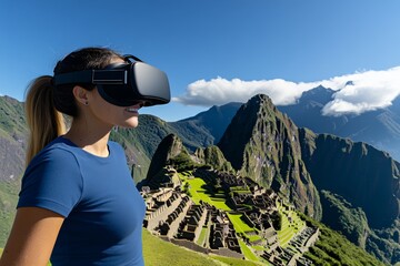 Naklejka premium Person exploring a VR simulation of Machu Picchu, experiencing the Andes mountains and ancient Inca ruins