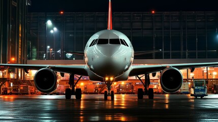 Fototapeta premium A night view of an airplane at an airport gate, illuminated by surrounding light.
