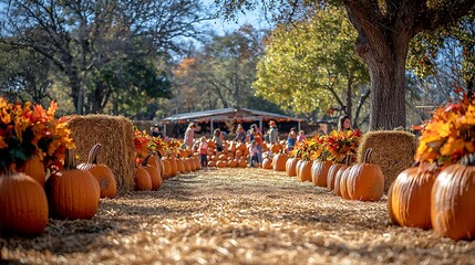 A path lined with pumpkins leads to a festive fall festival with people browsing and picking pumpkins.