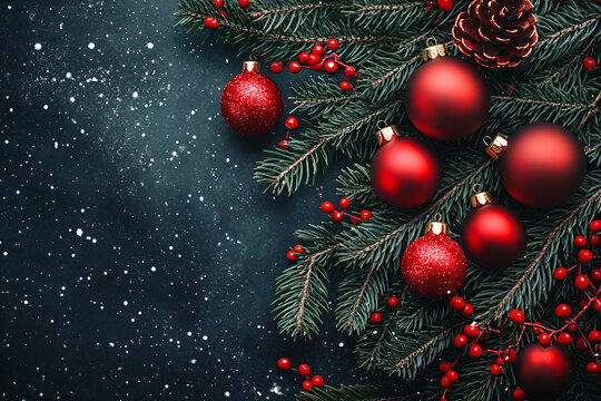 Red balls decoration and green Christmas tree on dark blue snowy snine background. Winter template, border concept for Christmas, New Year and sale season. Web card and backdrop with space for text
