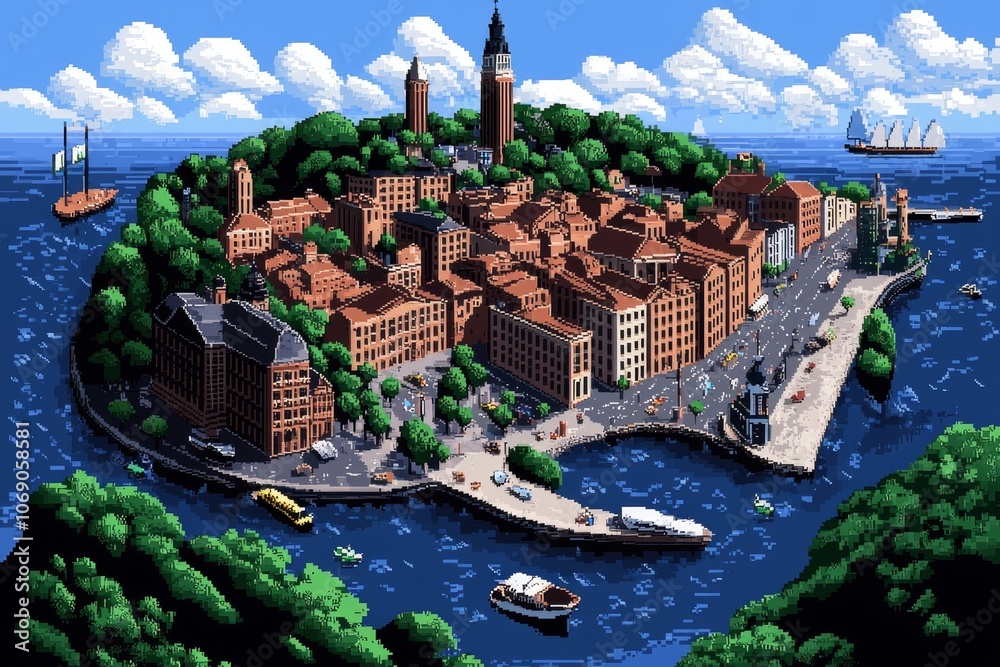 Poster pixel art travel simulation of a pixelated city map with small icons of landmarks, in retro gaming s