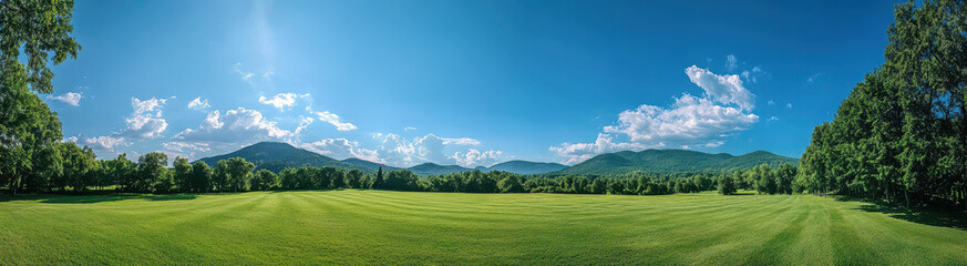 Fototapeta premium Panoramic view of lush green landscape with mountains and blue sky, showcasing vibrant nature and tranquility