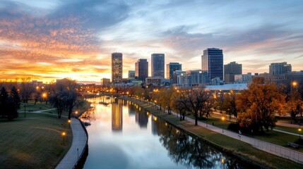 City Skyline at Dawn with Lights Reflected in Water