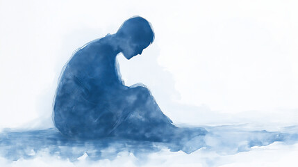 Fototapeta premium Blue Monday watercolor silhouette of a seated person in deep thought, capturing sense of loneliness, sadness, lack of motivation with soft, muted blue tones on minimalistic white background